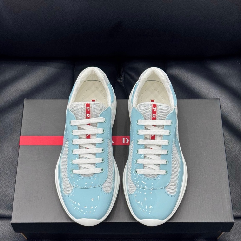Prada Light Blue and White Patent Leather Sneakers